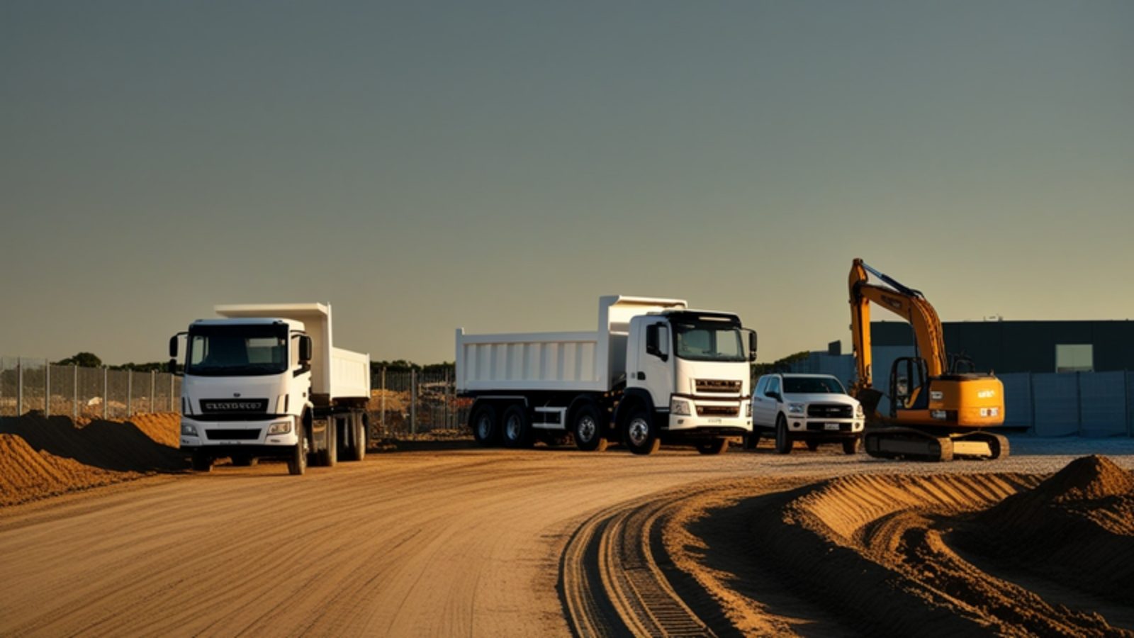 Tipper trucks, a pickup and an excavator on a construction site at golden hour