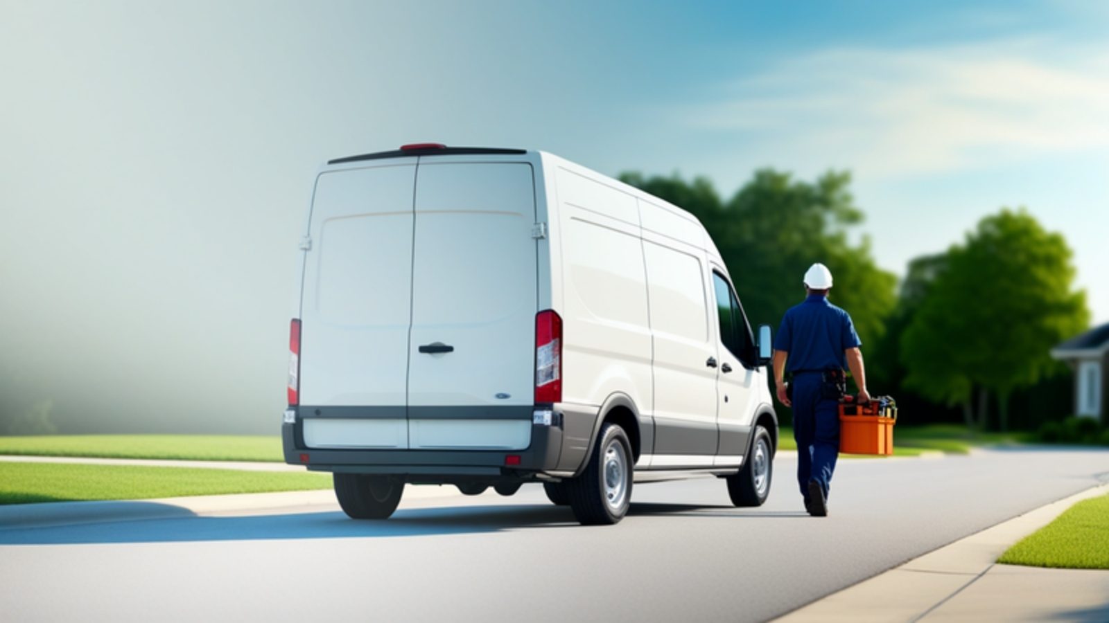 A field technician carrying a toolbox from a white service van on a suburban street