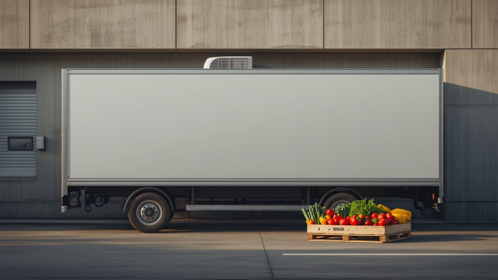 A white refrigerated delivery truck at a warehouse dock, beside a crate of fresh produce