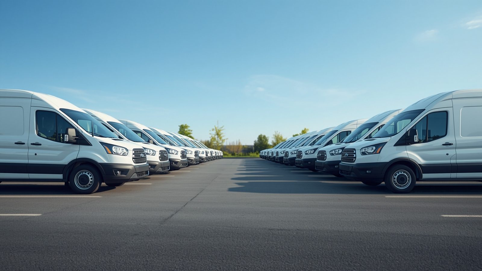 Two rows of white vans parked at a vehicle rental depot under a blue sky