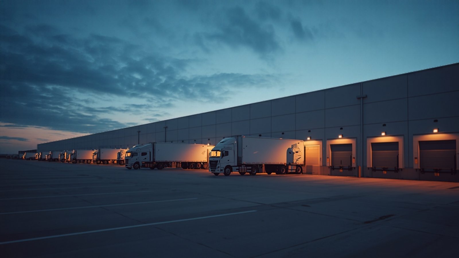 A logistics distribution centre at dusk, with white trucks at the loading docks