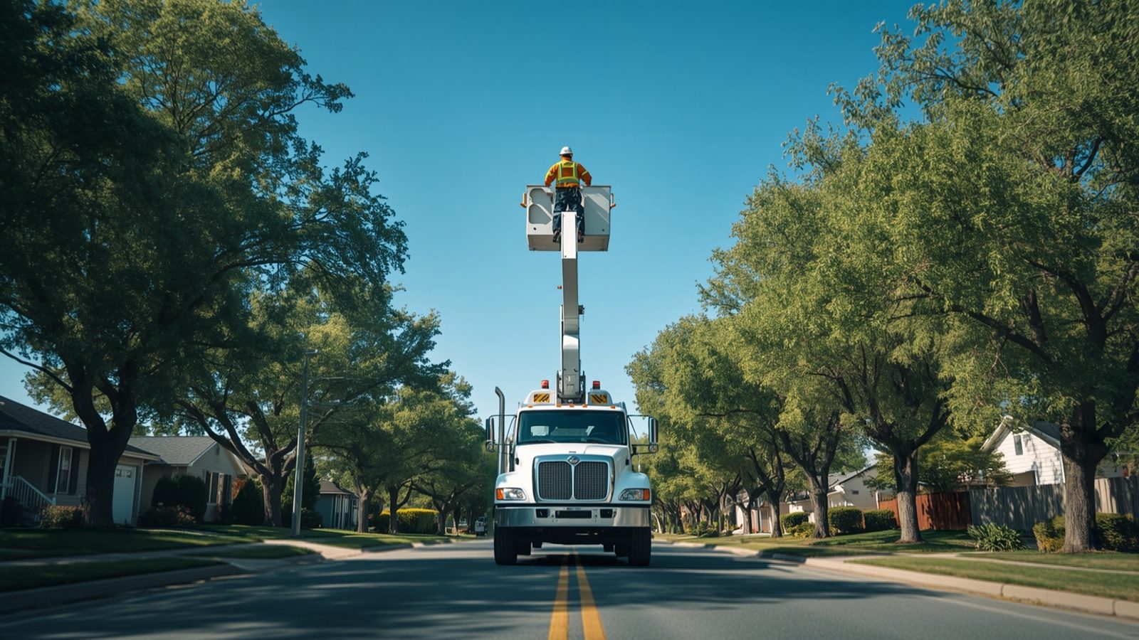 A utility bucket truck with a line worker raised in the bucket on a tree-lined street