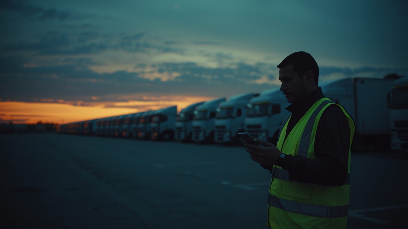 A fleet manager in a high-visibility vest checking a phone in a truck yard at dusk