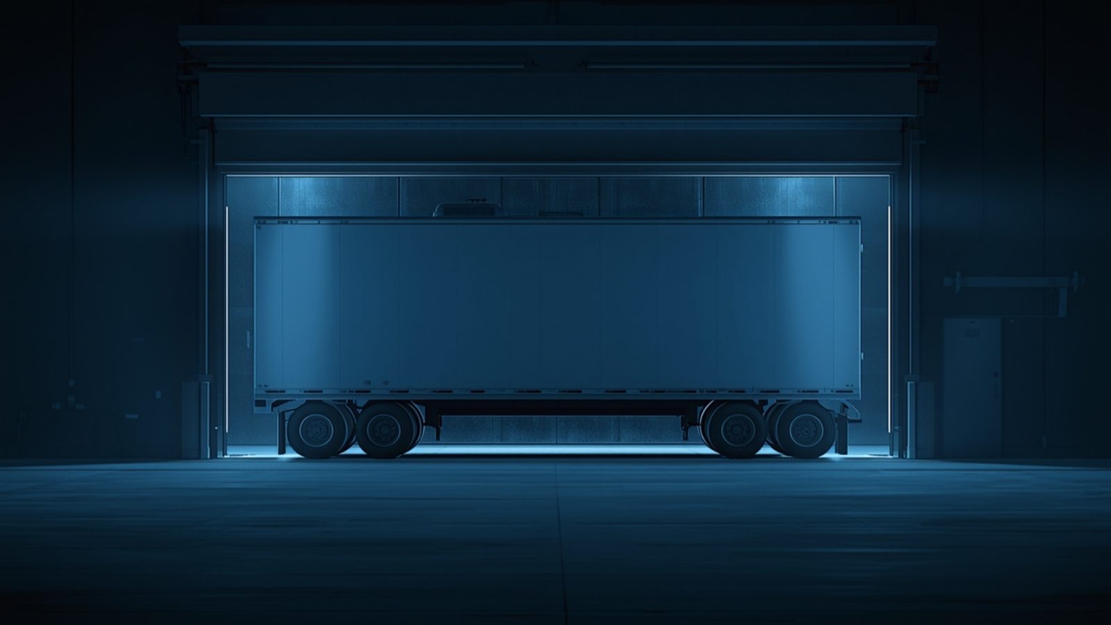 A refrigerated trailer in a loading bay at night