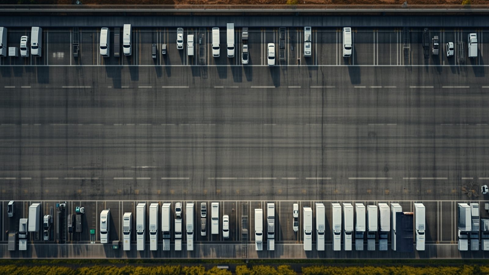 Trucks and vans parked in rows at a depot, seen from above