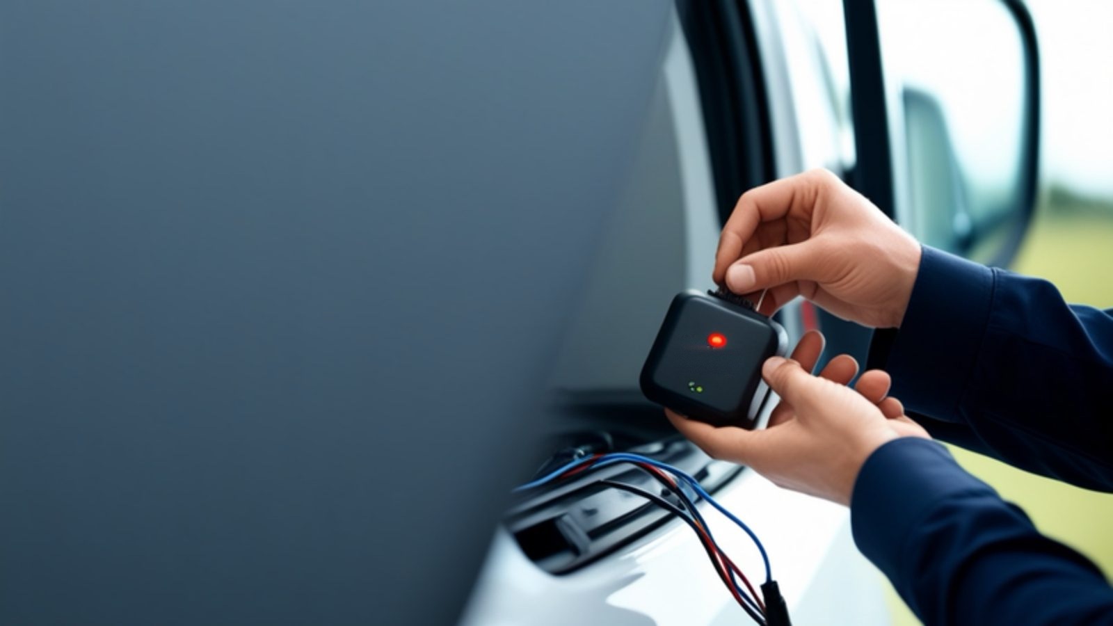 Hands fitting a GPS tracker in a vehicle