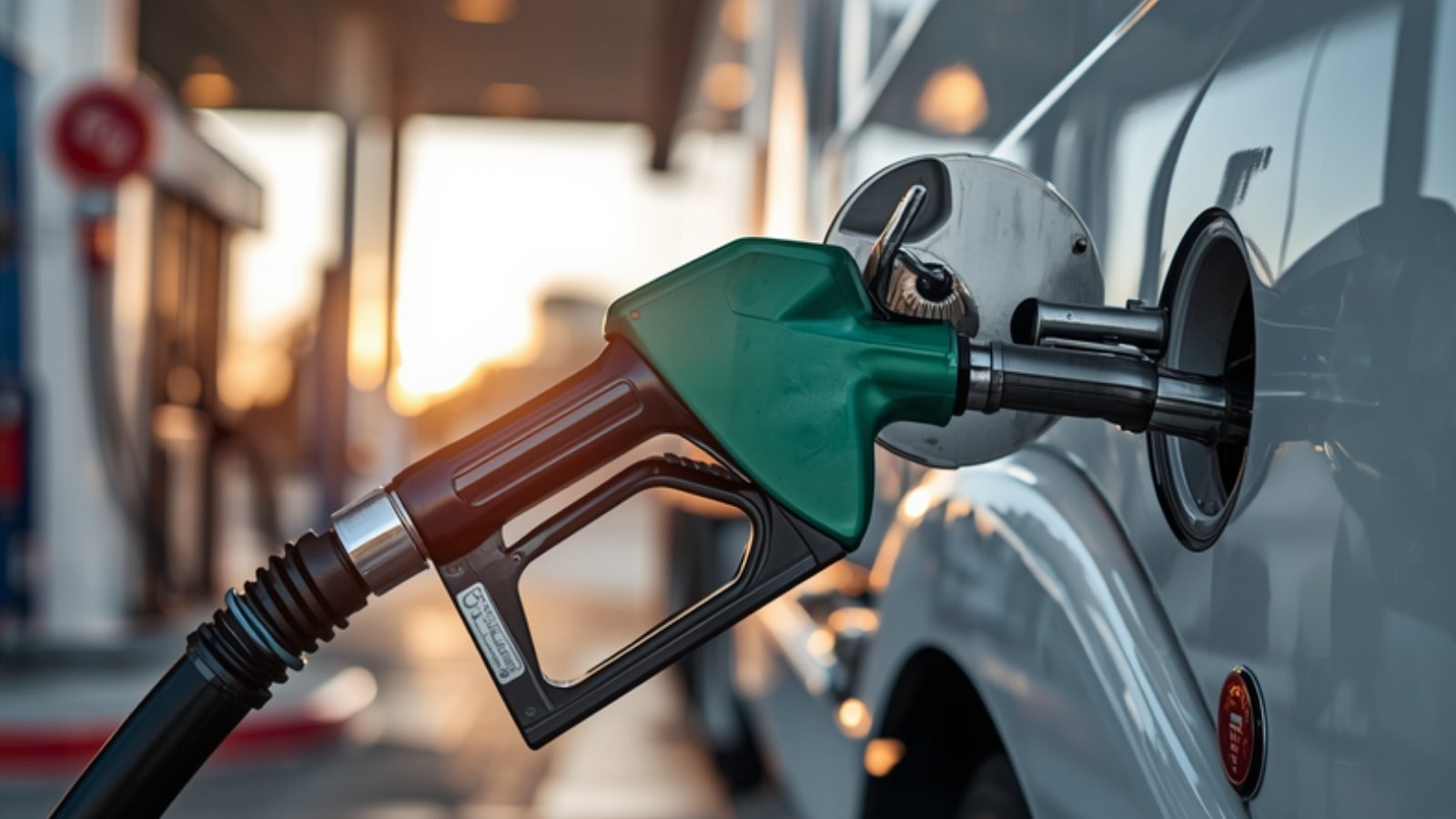 A fuel nozzle refuelling a white truck