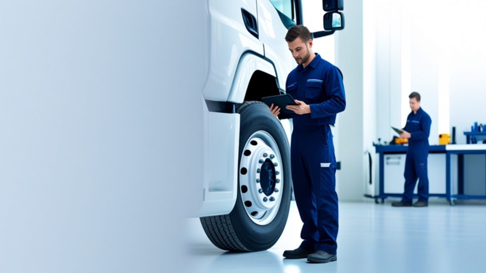 A mechanic with a tablet checking a truck wheel in a workshop