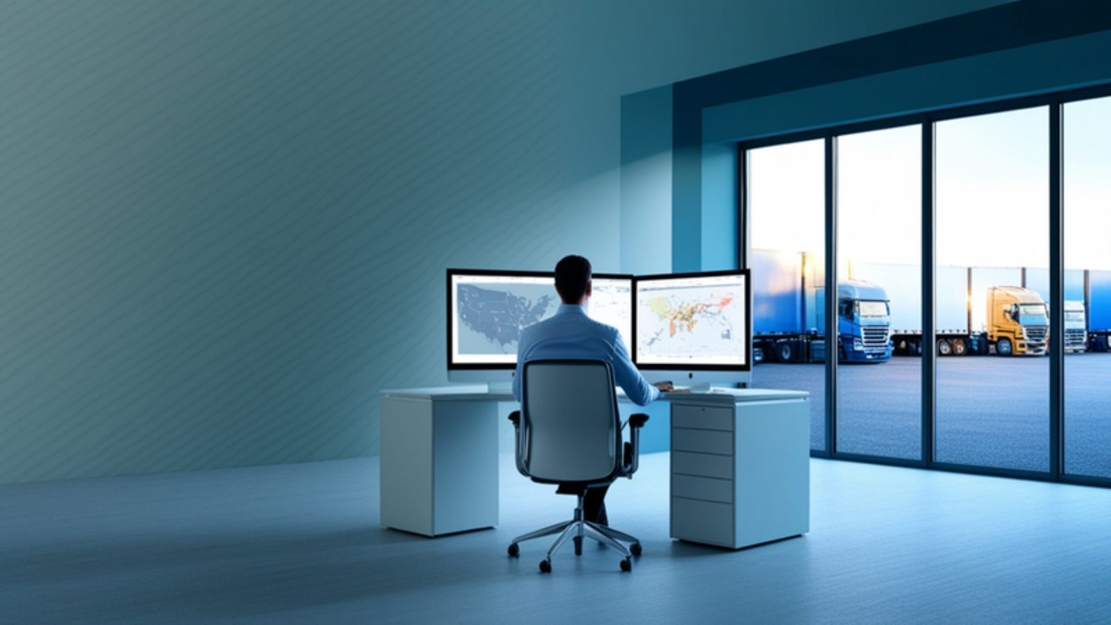 A fleet manager at two screens of maps, with trucks parked outside the window