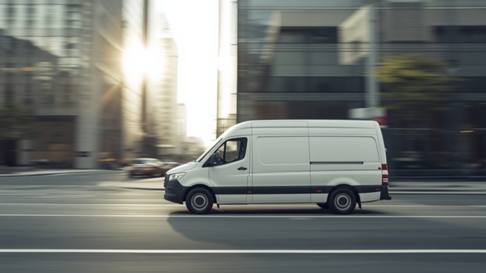 A white delivery van driving through a city street