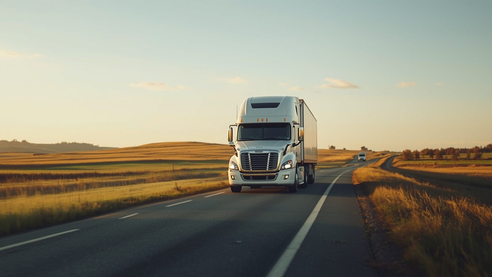 A white semi-truck on a country highway at golden hour